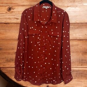 NEW Liverpool Rust and White Polka Dot Long Sleeve Button Up Blouse Size M